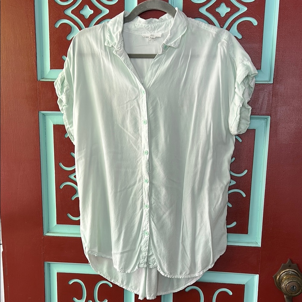 Green Short Sleeve Ruffled Button Down Shirt